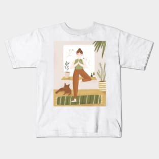 Girl doing yoga with her pet Kids T-Shirt